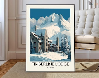 Póster de la estación de esquí Timberline Lodge en Oregón, arte mural de esquí alpino en el Monte Hood, ilustración de un paisaje montañoso invernal.