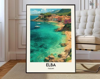 Póster de Elba, Italia, arte mural de isla mediterránea, decoración con mapa de la costa de la Toscana, ilustración de viaje para regalar