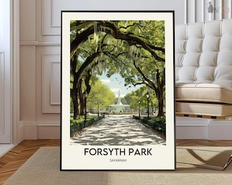 Forsyth Park Savannah Poster, Historic Fountain Garden Wall Art, Georgia Scenic City Landscape Illustration