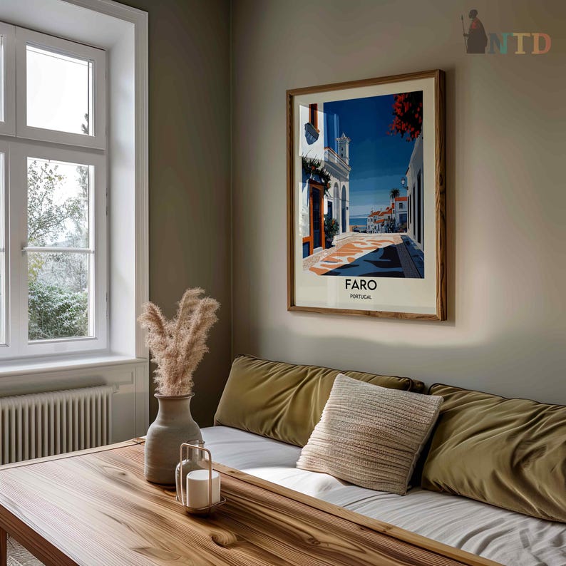 May include: A framed poster with a colorful illustration of a street scene in Faro, Portugal. The poster has the text "Faro, Portugal" at the bottom.
