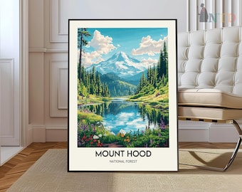 May include: A vintage-style poster featuring a scenic view of Mount Hood National Forest. The poster depicts a lush green forest with a lake reflecting the blue sky and a mountain peak in the distance. The text "Mount Hood National Forest" is printed at the bottom of the poster.