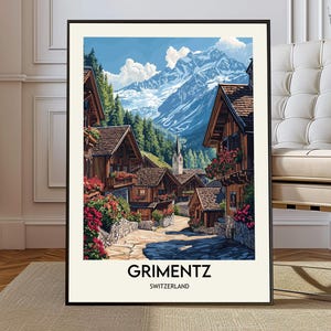 Op de afbeelding: Een ingelijste prent van een Zwitsers dorpsgezicht, met houten chalets met rode bloembakken, een kerktoren en besneeuwde bergen onder een blauwe lucht. Het woord "GRIMENTZ" staat onderaan afgedrukt.