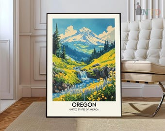 May include: Vintage travel poster featuring a scenic landscape of a mountain range with a river flowing through a lush green valley. The poster is titled "Oregon, United States of America".