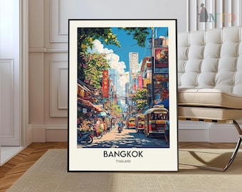 Impresión de Bangkok, arte mural de Bangkok, póster de Bangkok, fotografía de Bangkok, mapa de Bangkok, decoración de pared de Bangkok, póster de viaje de Bangkok, Bangkok, Tailandia