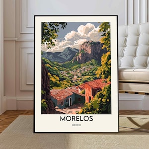 Peut inclure: Une illustration colorée d'un village de montagne à Morelos, au Mexique. L'image présente un paysage verdoyant luxuriant avec des maisons et une route sinueuse. Le texte "Morelos, Mexique" est en bas de l'image.