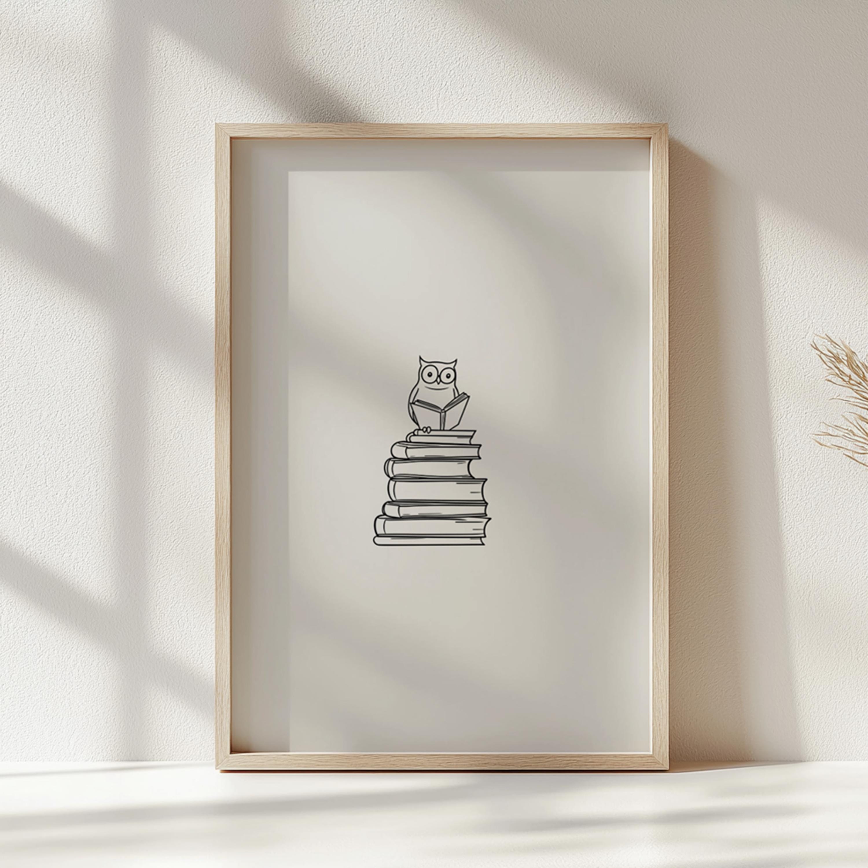 Wise Owl Reading Art Print - Digital Download | Book Lover Decor, Minimalist Wall Art, Study Room Ae