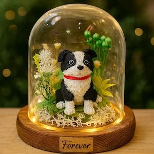 Personalized Dog Figurine with LED Light in Glass Dome – Custom Pet Clay Sculpture with Flowers, Pet Birthday & Anniversary Gift