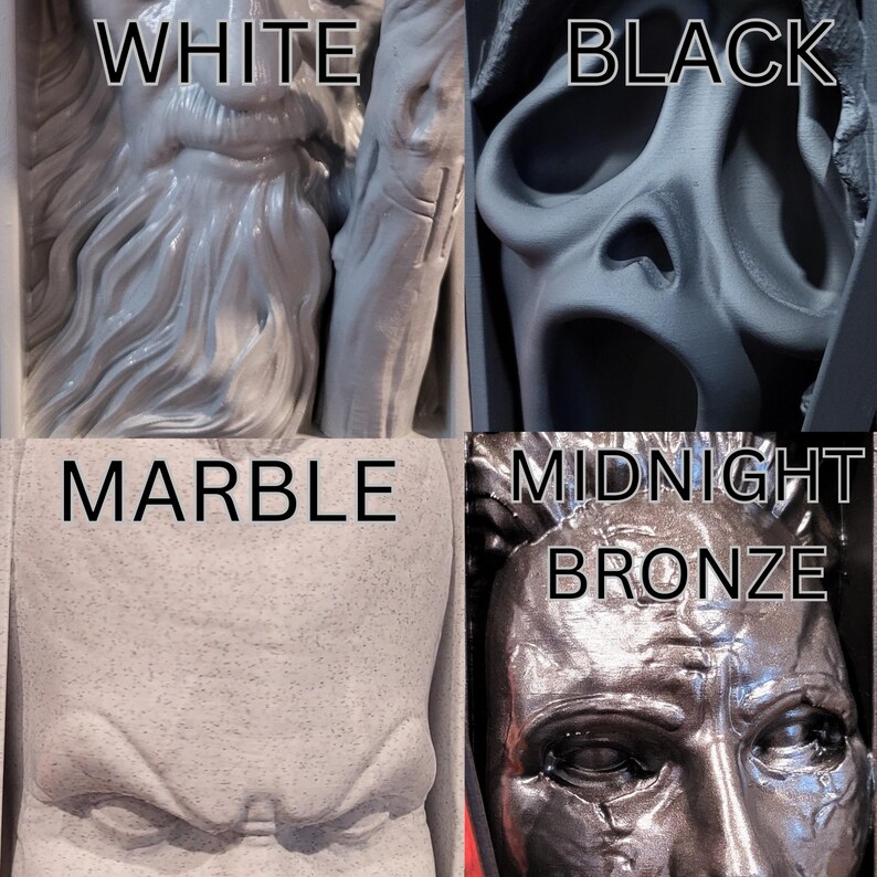 Pu&ograve; includere: Un collage di quattro immagini. In alto a sinistra, una scultura bianca strutturata. In alto a destra, una maschera nera. In basso a sinistra, una texture marmorea. In basso a destra, una maschera bronzo notte. Le parole WHITE, BLACK, MARBLE, MIDNIGHT BRONZE sono visibili.