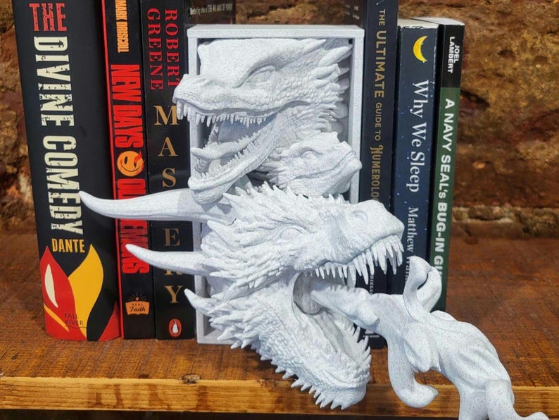 Pu&ograve; includere: Un set di fermalibri a tema drago bianco. Il set include un fermalibri a forma di testa di drago e un elemento di fuoco di drago separato. I fermalibri sono posizionati davanti a una fila di libri.