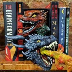 May include: A shelf arrangement featuring dragon-themed bookends. The bookends are designed as dragon heads in red, green, and blue, with open mouths. Books with titles like "The Divine Comedy" and "Why We Sleep" are displayed.