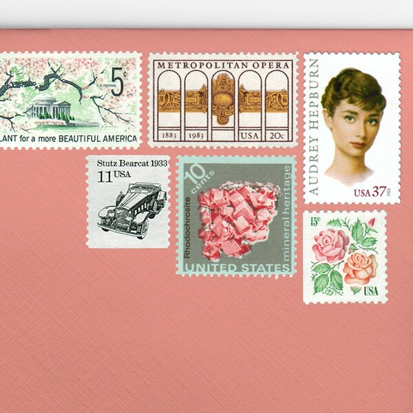 Posts (5) 2 oz wedding invitations - Romantic Date Night Audrey Hepburn unused vintage postage stamp sets