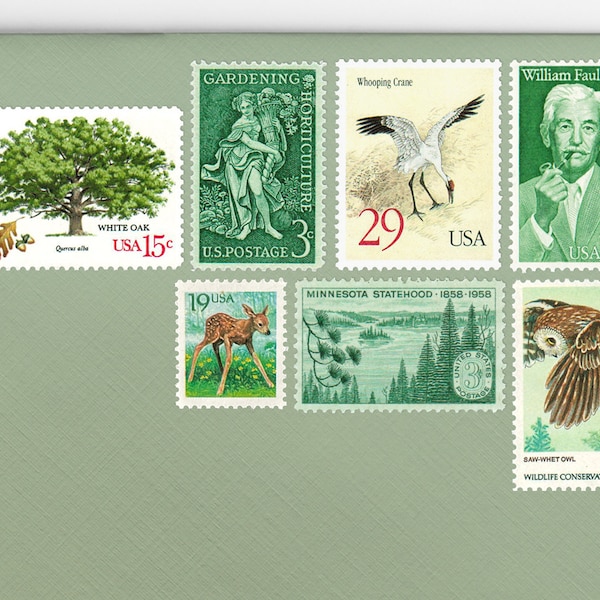 Posts (5) 2 oz wedding invitations - Natural Forest Green unused vintage postage stamp sets