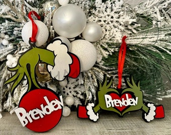 24HR SHIPPING! Personalized Grinch ornaments, Grinch ornaments- stocking tags, 3d laser cut Christmas, Merry Grinchmas