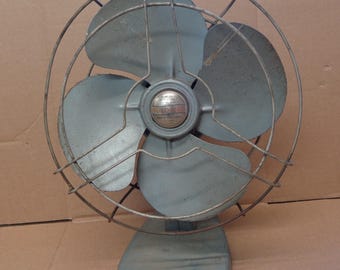 May include: Vintage, industrial-style electric fan with a gray metal finish. The fan features three blades, a protective cage, and a base. The center of the fan has a circular emblem with the text "Koldaire".