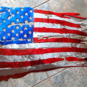 New American Battle Flag Tattered & Torn Plasma Cut Metal Wall Art 36&quot; W x 21&quot; T