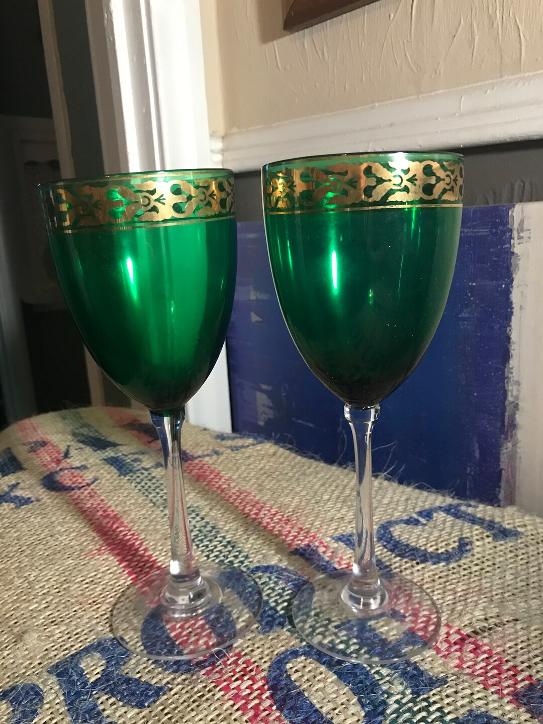 Two Deep Green Wine/water Goblets With Florentine Gilt Band Etsy