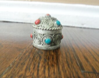 Vintage Indian Metal Trinket / Pill Box with Glass Stones