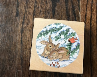 1997 Christmas  Etchling Wooden Rubber Stamp Q043 Bunnies In The Snow
