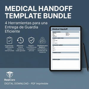 Puede incluir: Un paquete de plantillas digitales de entrega de guardia médica mostrado en una pantalla de tableta con un lápiz óptico. El documento incluye secciones para datos del paciente, signos vitales, laboratorios y planes de tratamiento.