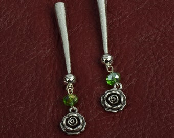 Rose Bolo tips with green crystal, antique silver, set of 2