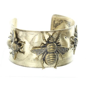 Honey Bee or Mason Bee Hammered Cuff Bracelet, Gift Box, Queen Bee, 3 Bees, 1.5" wide, antique gold, Made in USA, Each