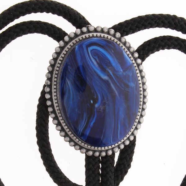 36" Lapis Lazuli Bolo Tie, 40mm stone in antique silver with matching tips, Black, olive or red cord, Made in USA, Each