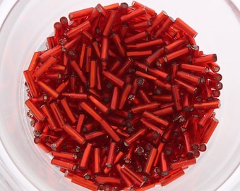 Matsuno Japanese Glass Bugle Beads, square hole, silver lined, dark red, 13 grams