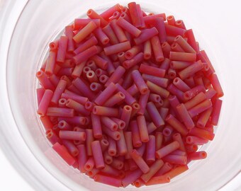 Japanese Glass Bugle Beads #3, Transparent Frost AB ruby Red, 15 grams beads, 18028.11