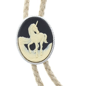 Unicorn Cameo Bolo Tie,  black & white with matching silver tips, antique silver, 36&quot; Black or Natural Jute Cord, Made in USA, Each