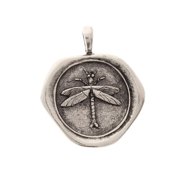 Dragonfly Wax Seal pendant, Made in USA, Antique Silver or Antique Gold, 35mm, each