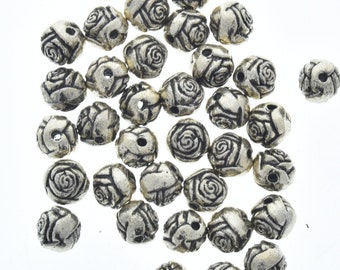 6mm Rose Flower Small Spacer Bead, Vintage Item, Classic Silver, pack of 55