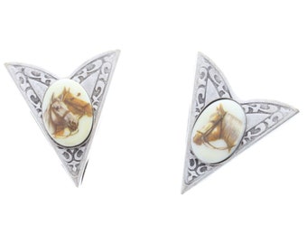 Quarter Horse Limoges Cameo  Collar Tips, Vintage Litho, antique silver, Set of 2