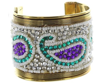 Beaded Paisley Mosaic Gold Cuff Bracelets, Adjustable, Crystal, Purpler, Turquoise Glass Beading, Handmade, 2.25" wide, Each   (J897)