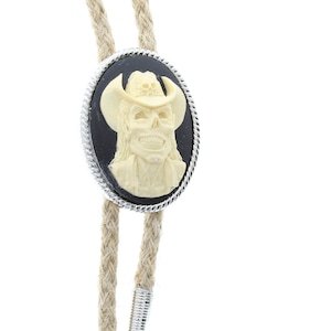 Cowboy Zombie Cameo Bolo Tie with matching tips, Gift Bag, antique silver, black and white cameo on 36&quot; Jute cord, HandMade in USA