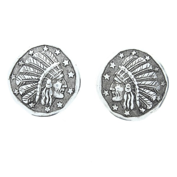 Native American Indian Chief Head Coin Medallion Beads, Double side, 30mm x 8mm, Antique silver, Pack of 6