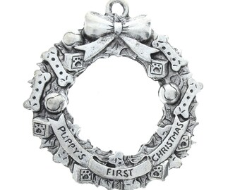 Puppy's First Christmas Wreath Ornament Frame, classic silver, each