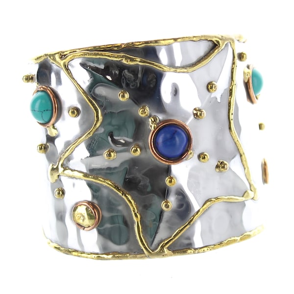 Hammered Starfish Cuff, handmade, copper, silver, and brass with Turquoise and Lapis faux stones, adjustable, 2.25" wide, tapered, Each