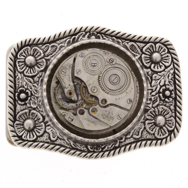 Steampunk Belt Buckle, Gift Box, 3.2", vintage watch part movement, antique silver, fits 1.5 inch belt, HandMade in USA