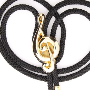 Treble Clef Music Bolo Tie with gold tips, Choose black, red, turquoise or olive 36&quot; woven cord, made in USA
