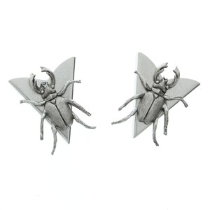 May include: A pair of silver earrings featuring a detailed beetle design on a triangular shape.