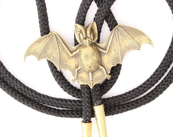 Bat Bolo Tie, antique gold bolo lariat on black, 36" cord, Made in USA, Each