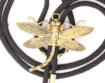 Gold Dragonfly Bolo Tie with matching tips, 36" cord in black, turquoise, jute, olive green or red, handmade in USA, Each