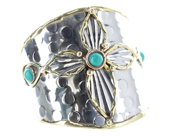Cross and Turquoise Cuff, brass and silver metals, handmade, adjustable, 2.25" wide and tapered, Each