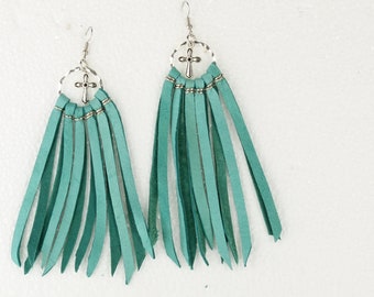 Leather Fringe Tassel Earrings, 5", Red or Turquoise, Santa Fe, handmade in USA, One Pair