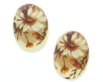 Vintage 25mm x 18mm Daisy Flower Cameo Cabochon, white, yellow, beige, vintage German litho, pack of 2