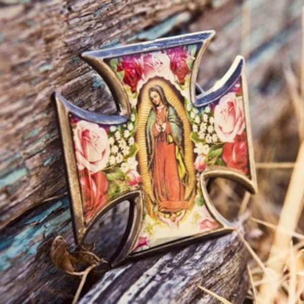 The Virgin of Guadalupe Cross Buckle, Antique Copper Iron Cross shape with distressed leather belt, black or brown, Made in USA, Each