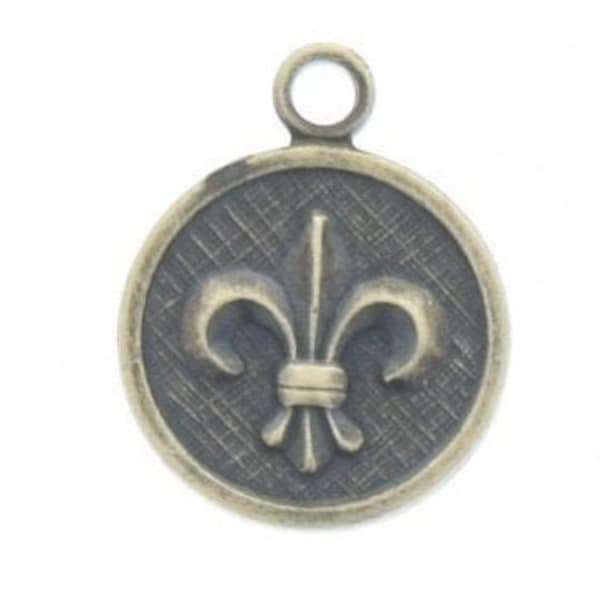 Fleur De Lis charm, round, edge, 10mm with ring, Antique Gold, Made in USA, pack of 6 4681AG