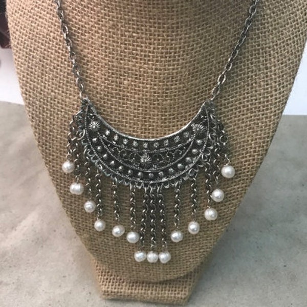 18" Pearl Bib Pendant Necklace, in gift bag, Antique silver, Handmade in USA, Each