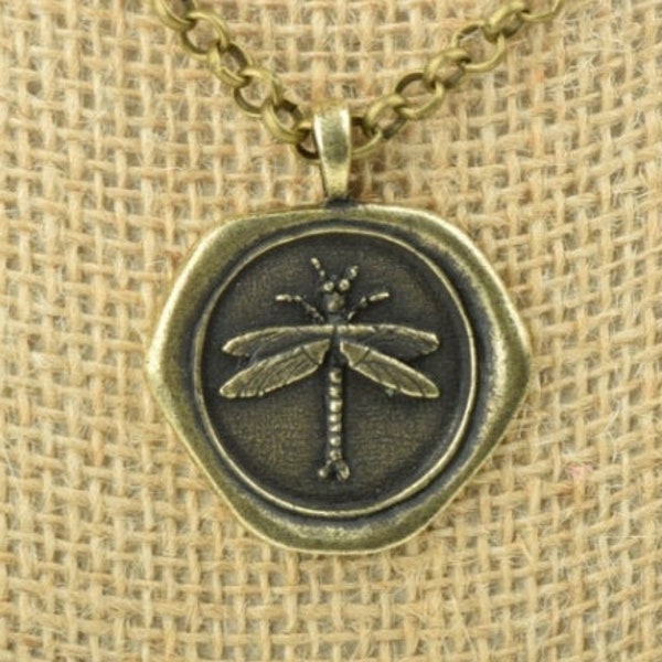 40mm Dragonfly Wax Seal Pendant Necklace, Vintage Silver or Classic Silver, 18" or 24", each