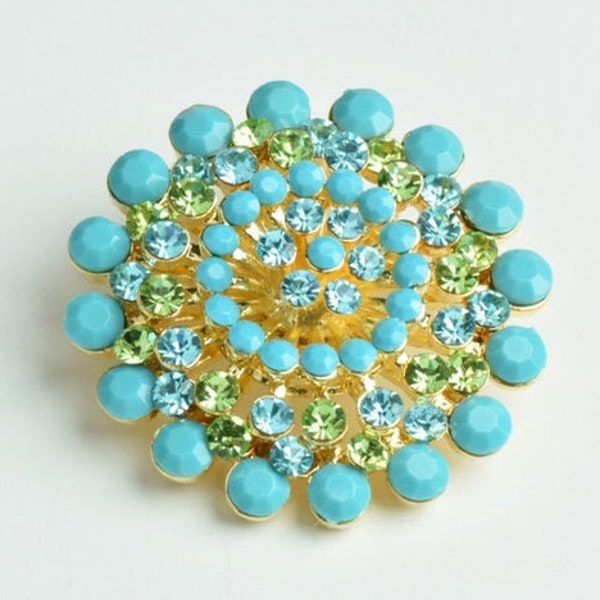 40mm Turquoise and Swarovski Peridot Crystal Brooch with Pin Back,  , 1 each